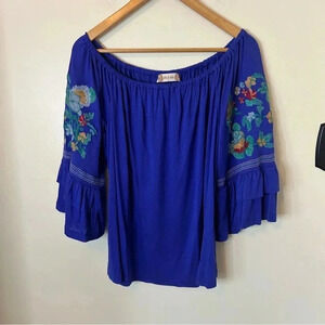 Altar'd State Embroidered Off the Shoulder Blue Top Size L